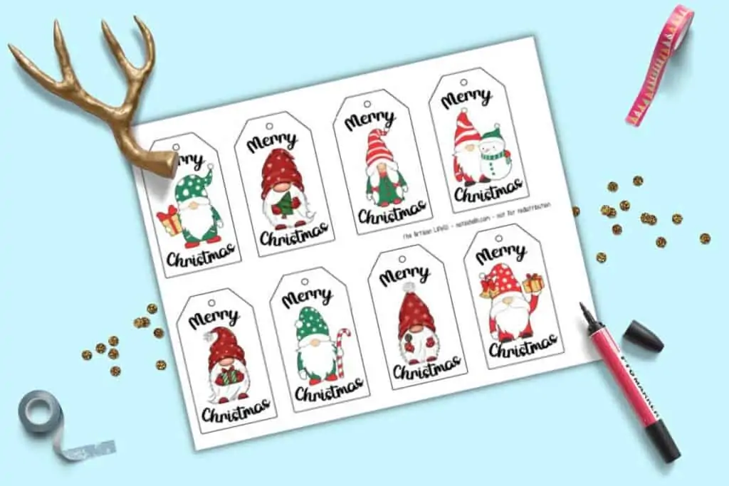 A page of 8 printable Merry Christmas gift tags with gnomes