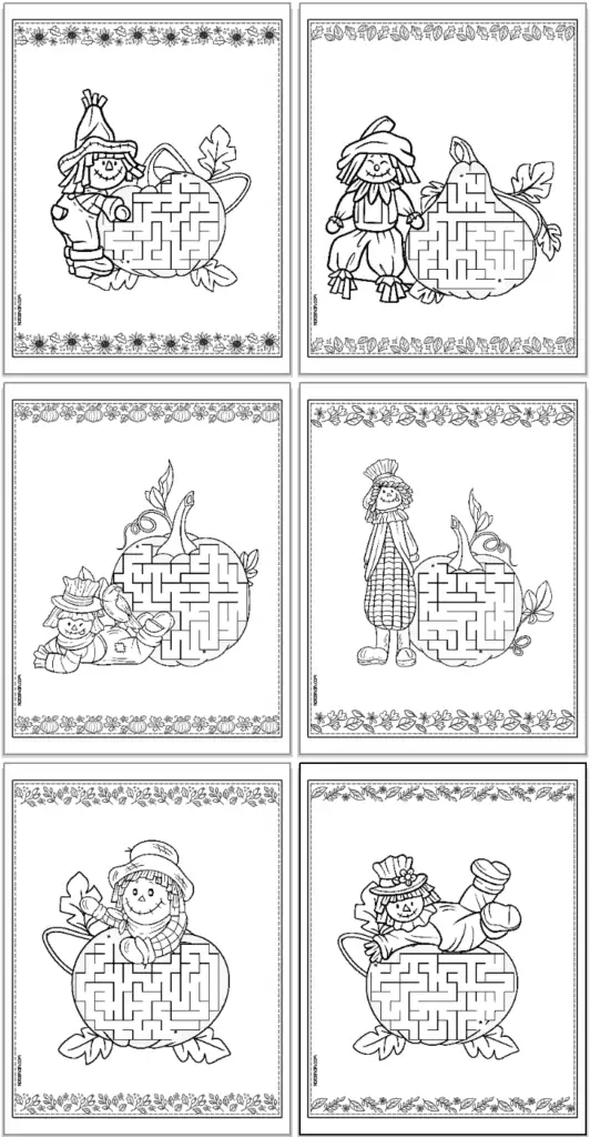 A preview of six pages of printable scarecrow maze for kids