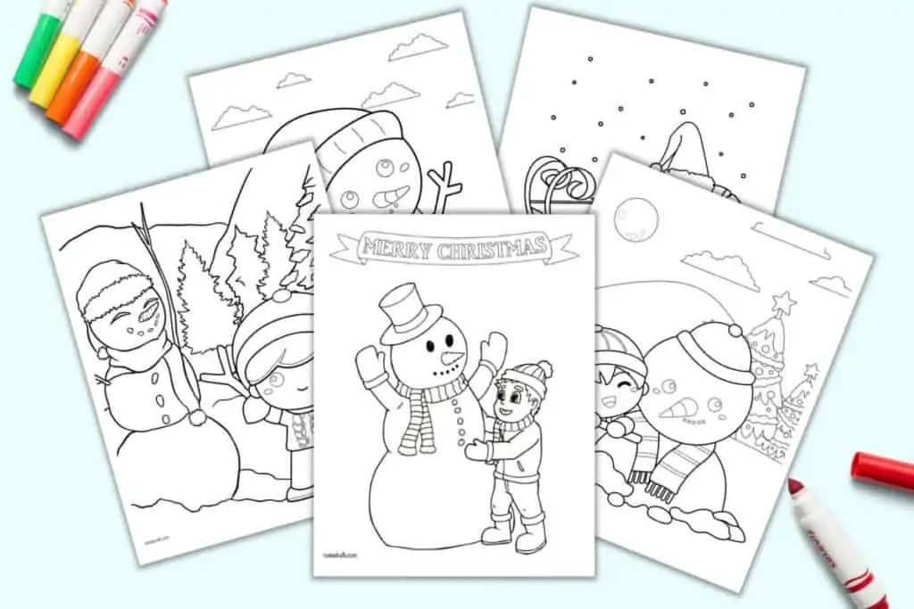 Three cute snowman coloring pages for kids on a blue background with colorful children's markers