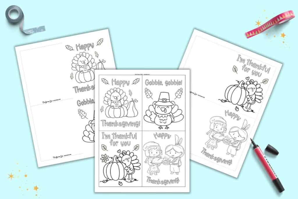 A preview of three printable pages of Thanksgiving coloring cards