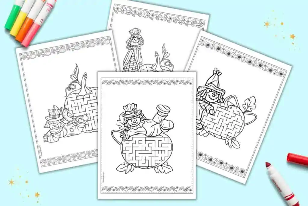A preview of four pages of printable easy maze with scarecrows