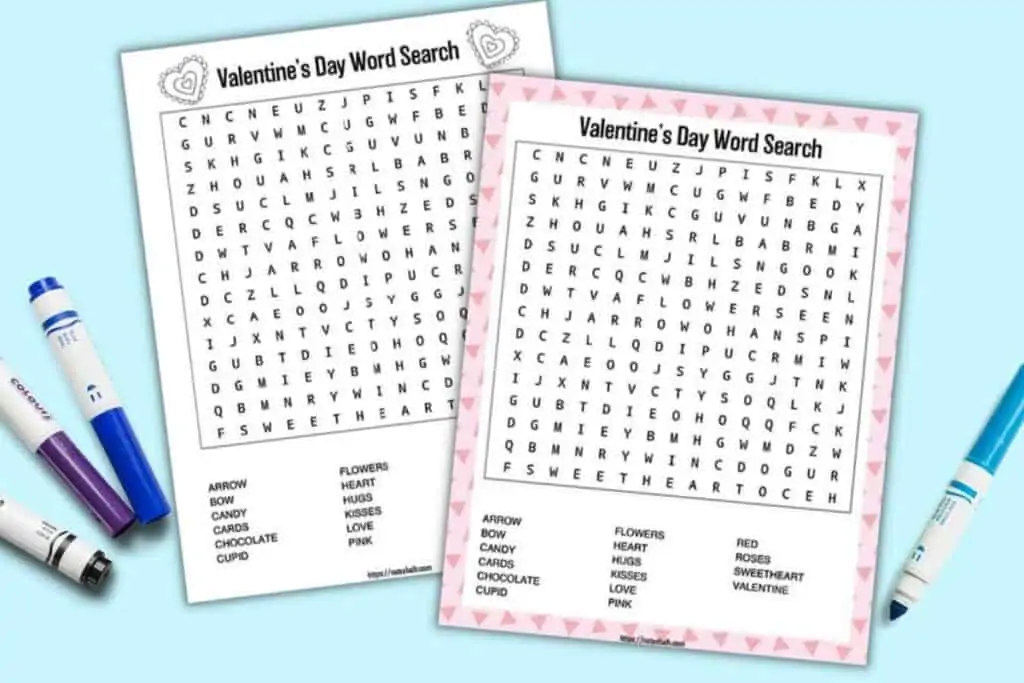 A preview of a color and a black and white Valentine's Day word search printable