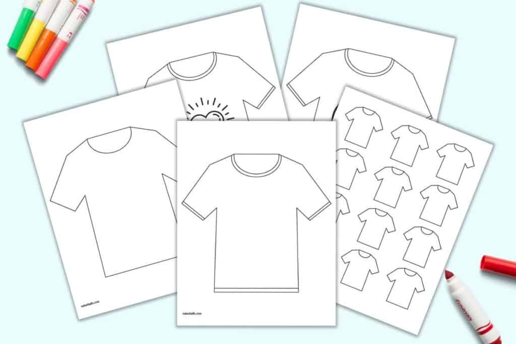 A preview of five pages of printable white t-shirt template including large plain shirts, small t-shirt printables, a love shirt, and a peace sign shirt