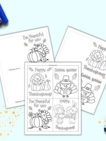 A preview of three free Thanksgiving card pages to print