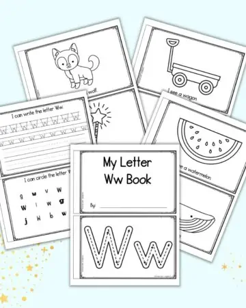 A preview of five pages of printable letter w book