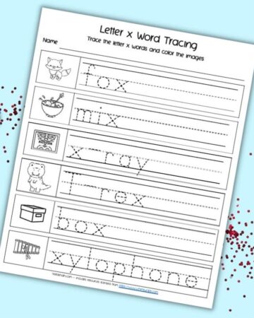 A preview of a letter x word tracing page with six letter x words in a dotted font to trace. Each word has the appropriate picture next to it.