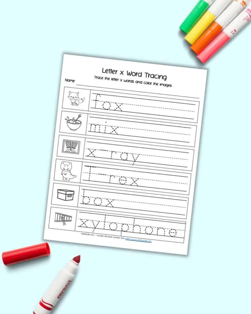 A preview of a letter x word tracing page with six letter x words in a  dotted font to trace