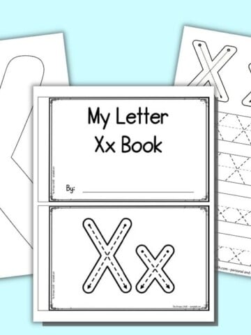 A preview of three printable letter x themed words - a letter x book front cover, a large bubble letter x, and a letter x tracing page