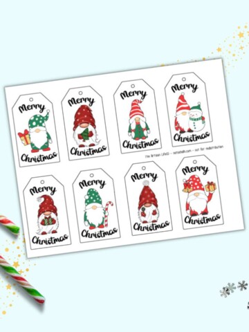 A preview of a page with 8 gnome themed Merry Christmas gift tags