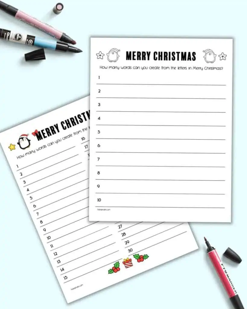 A preview of two pages of "how many words can you make from Merry Christmas" game printables. One has a spot for 30 answers and the other has space for 10 answers. The 10 answer page is on top.