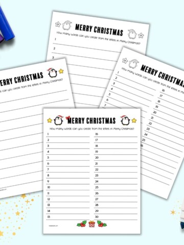 A preview of four pages of "how many words can you make from Merry Christmas" game printables