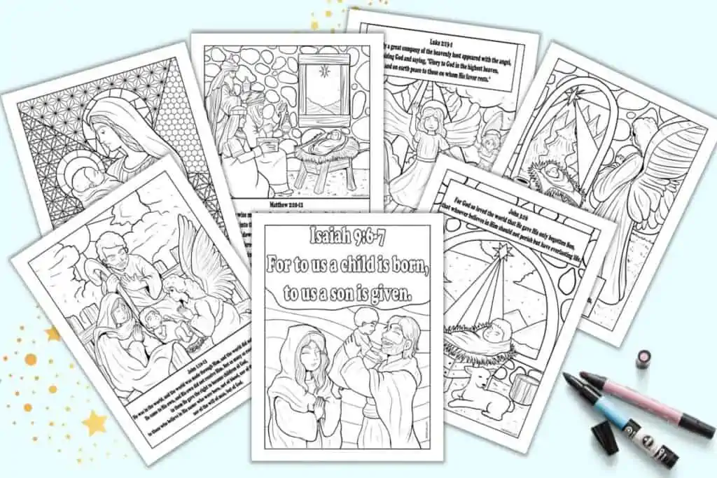 A preview of seven Nativity coloring pages for adults with Bible verse quotations 