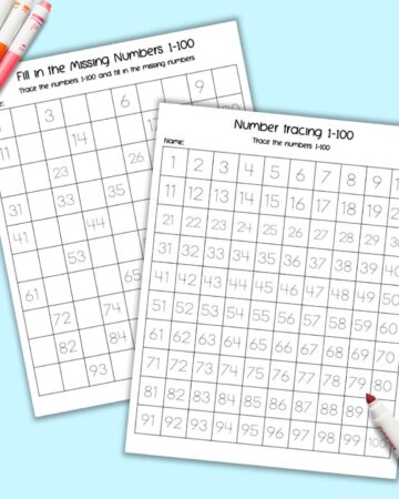 A preview of a 1-100 tracing worksheet with numbers in a dotted font and a fill in the missing numbers 1-100 hundreds chart.They are shown with colorful children's markers.