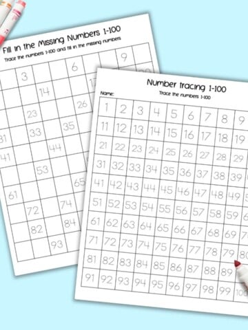 A preview of a 1-100 tracing worksheet with numbers in a dotted font and a fill in the missing numbers 1-100 hundreds chart.They are shown with colorful children's markers.