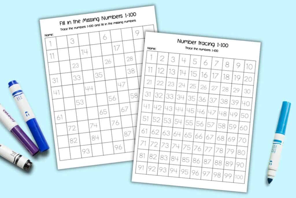 A preview of a 1-100 tracing worksheet with numbers in a dotted font and a fill in the missing numbers 1-100 hundreds chart.