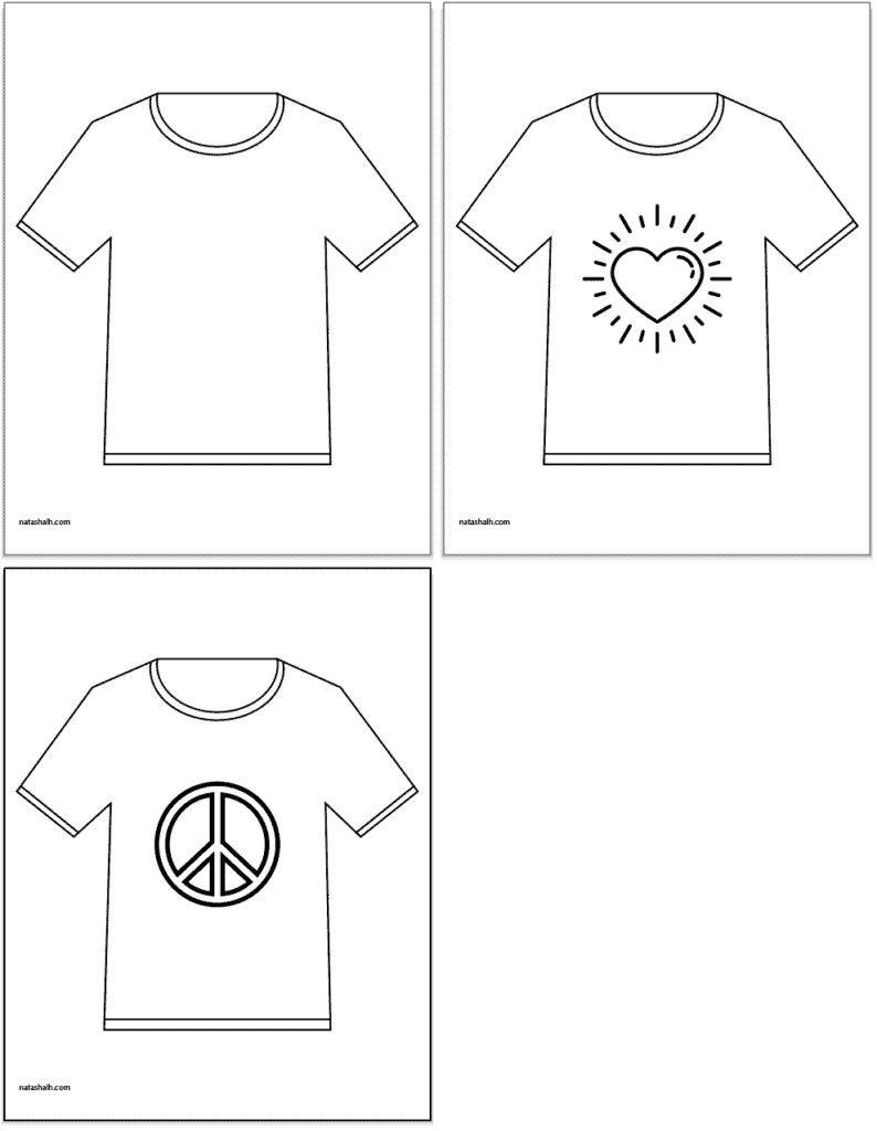 Three large white t-shirt templates. One has hems, another has a heart, and another has a peace sign