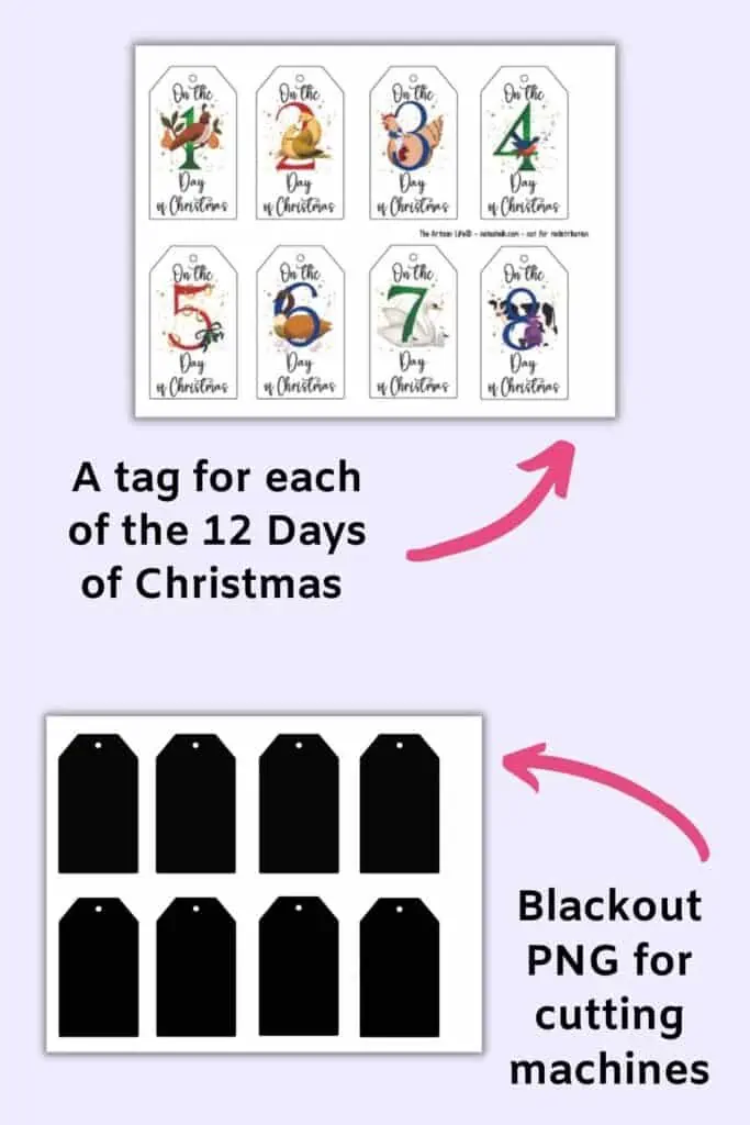 A preview of a 12 days of Christmas gift tag sheet and a blackout png file for cutting machines