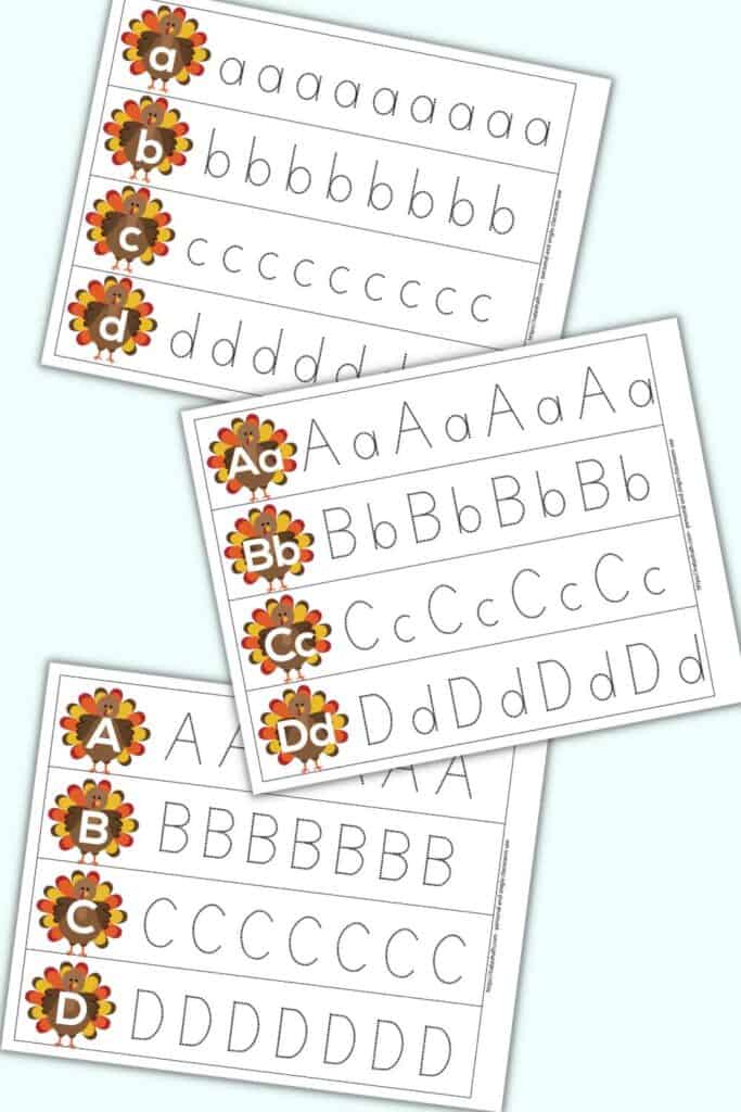 A preview of there pages of turkey alphabet tracing strips.  The alphabet tracing pages includes lowercase, uppercase, and upper/lowercase on the same page.