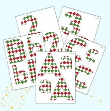 A preview of five pages of printable bulletin board letters with letters and numbers. The letters and numbers are filled in with alternating green and red diamonds.