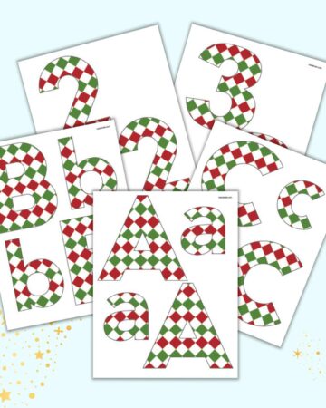 A preview of five pages of printable bulletin board letters with letters and numbers. The letters and numbers are filled in with alternating green and red diamonds.