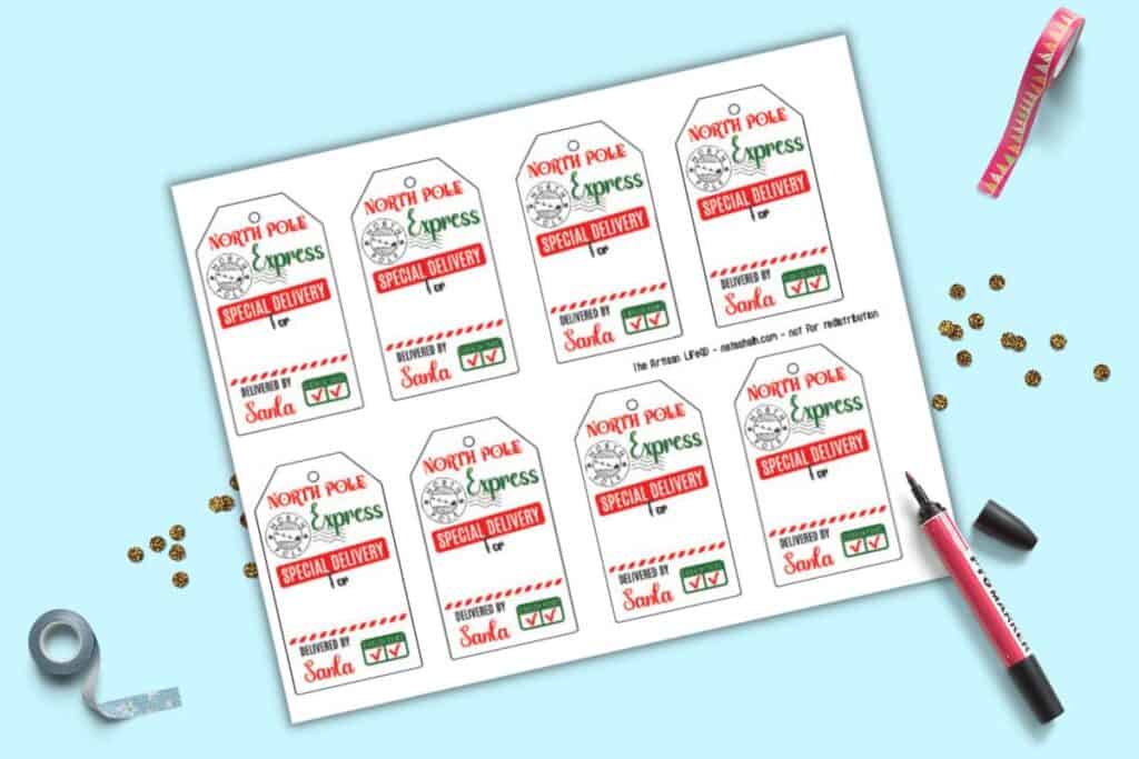 A page with eight printable Santa gift tags with "North Pole Express," a North Pole mail stamp, and a special delivery by Santa