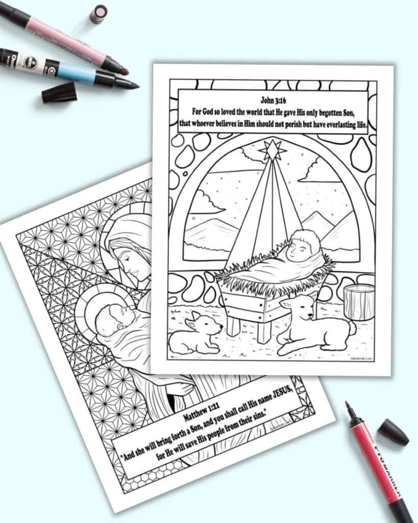 A preview of two printable Nativity scene coloring pages for adults with Bible verse quotations. 