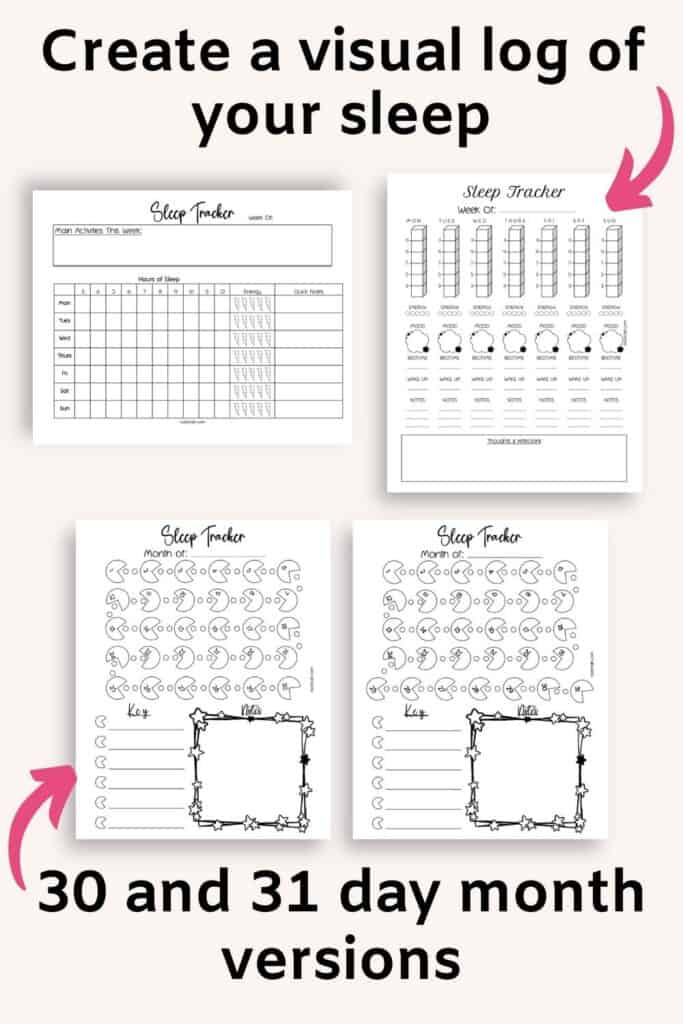 A preview of four sleep tracker printables showing two weekly printable and a monthly log with 30 and 31 day versions
