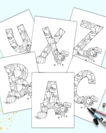 A preview of six Thanksgiving themed alphabet coloring pages