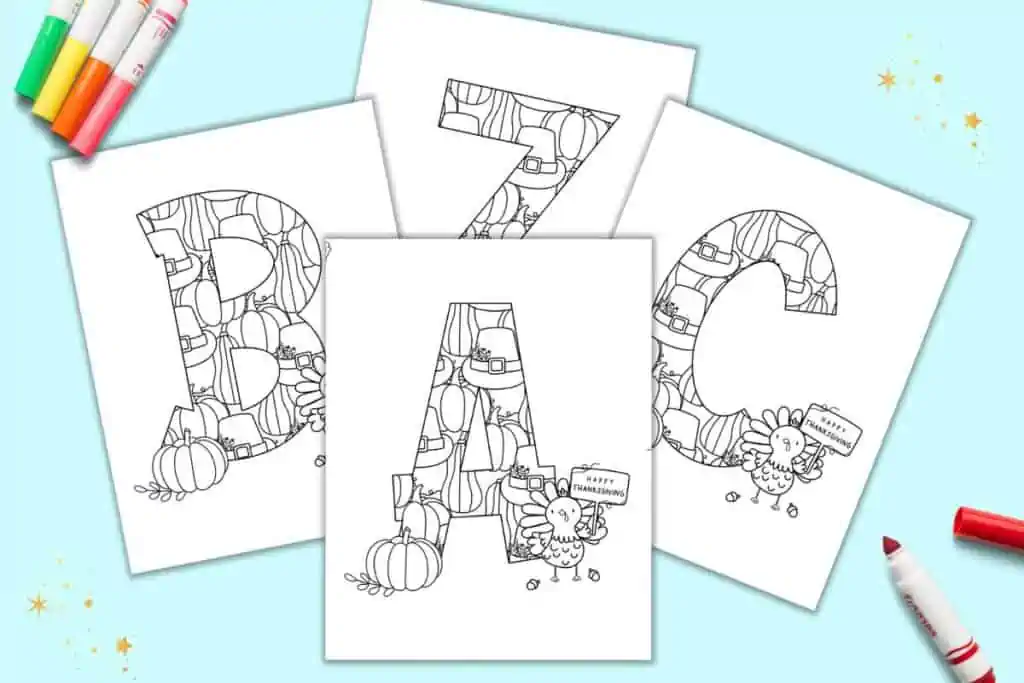 A preview of four pages of Thanksgiving alphabet coloring page with lettres a, b, c, and z.