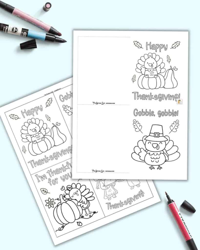 A preview of two sheets of Thanksgiving card to print