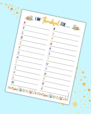 A preview of a thanksgiving gratitude worksheet with space to write gratitudes from a-z