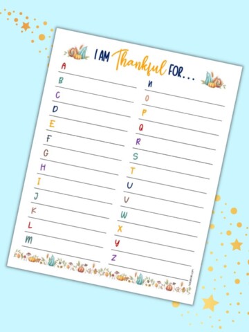 A preview of a thanksgiving gratitude worksheet with space to write gratitudes from a-z