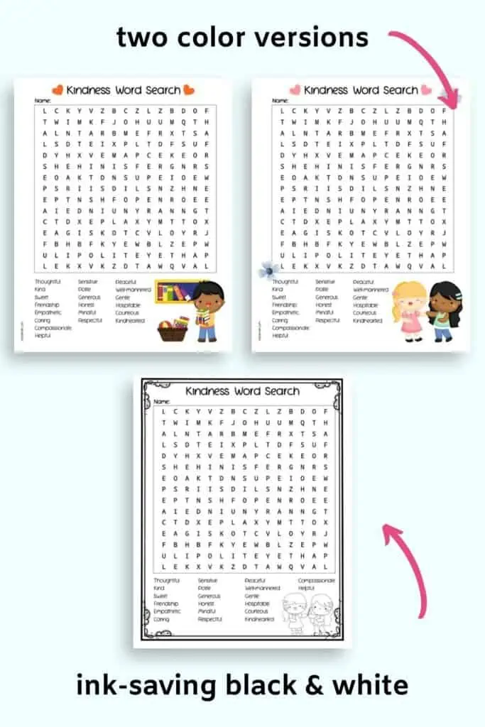 A preview of three printable kindness themed word searches. One is in black adn white and two are in color with children being kind.
