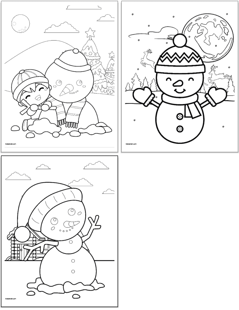 Three cute snowman coloring pages for kids