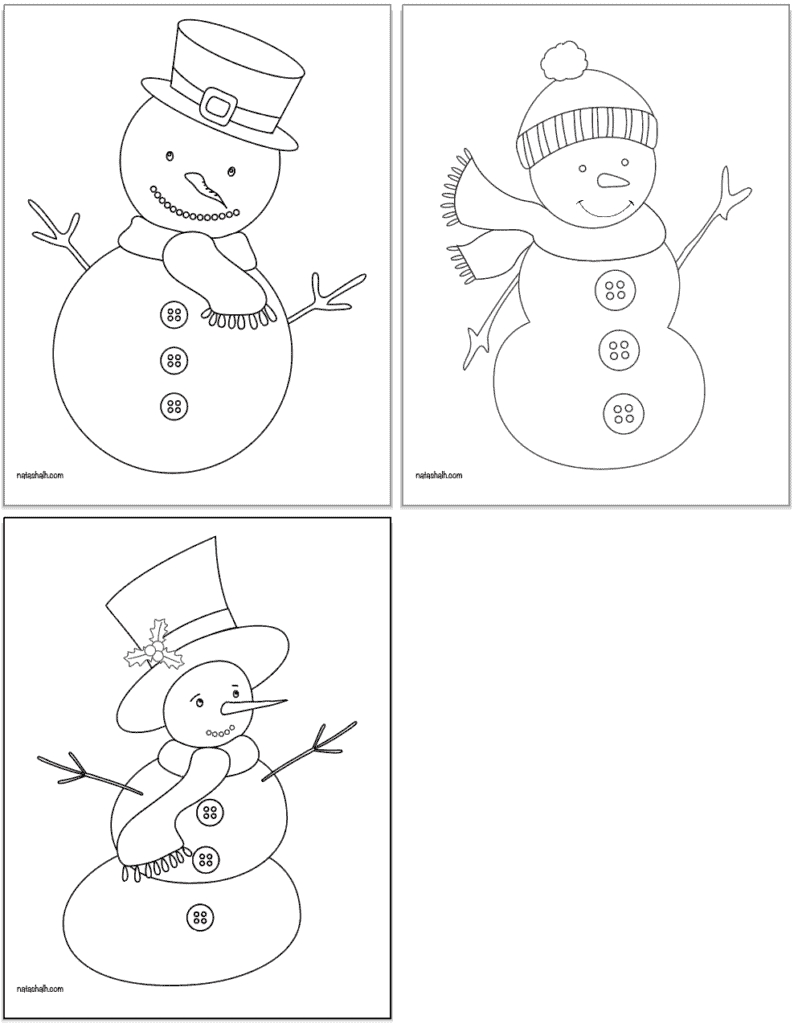 Three snowman print and color pages for kids