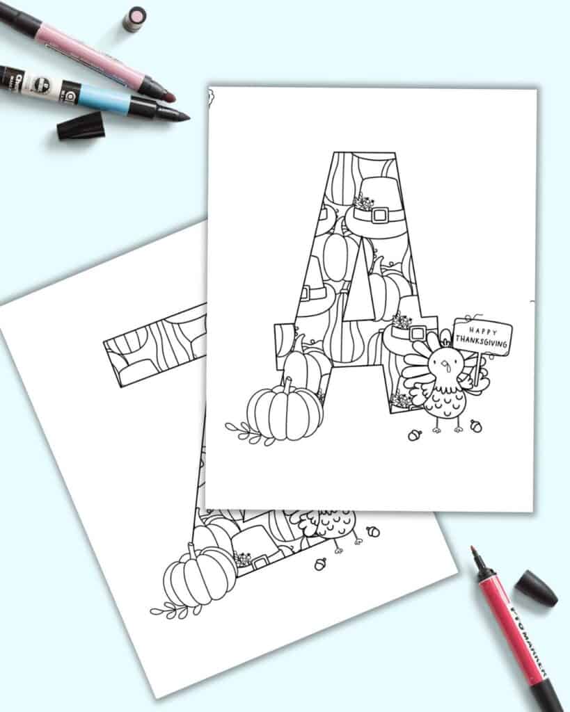 Uppercase A and Z thanksgiving alphabet coloring pages