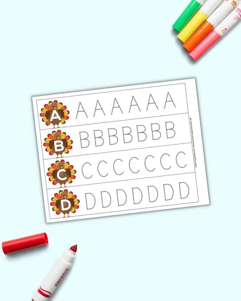 A page of uppercase letter tracing A-D