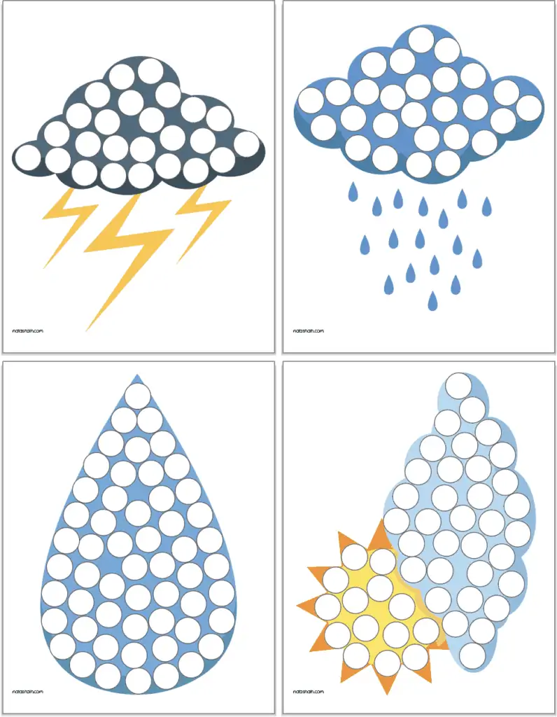 A preview of four pages of weather themed dot marker pages including: a thunderstorm, a rainstorm, a raindrops nd partially cloudy