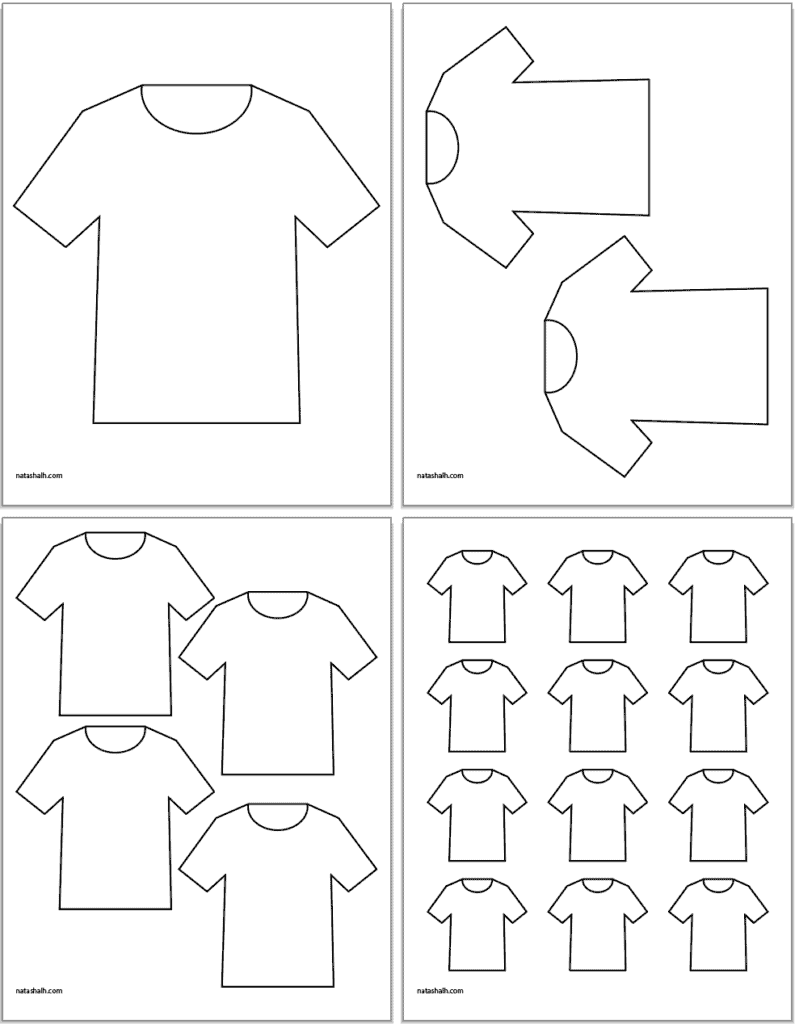 Four pages of white t-shirt template ranging from large to medium (two sizes) and small 2" t-shirts