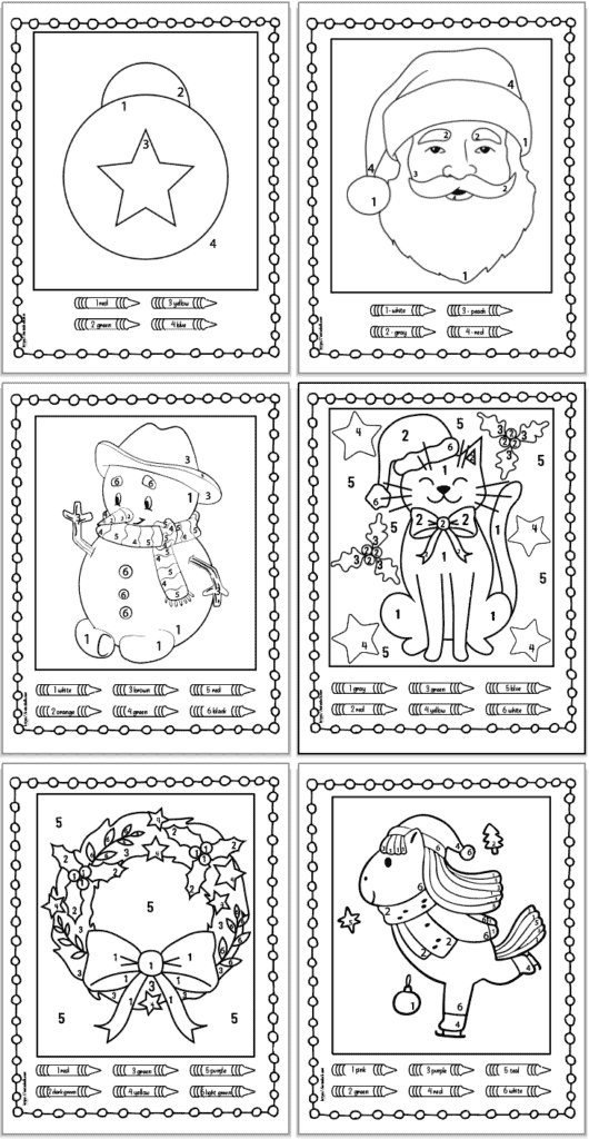 A preview of six easy Christmas color by number pages for kindergarten students. Two have four colors and four have six colors
