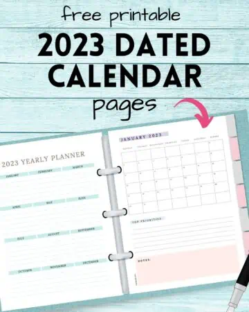 Text "free printable 2023 dated calendar pages" and a mockup of a ring bound planner with a January 2023 page.