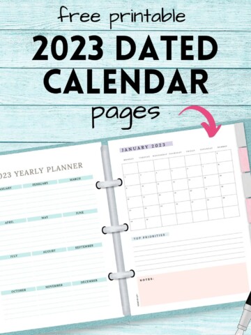 Text "free printable 2023 dated calendar pages" and a mockup of a ring bound planner with a January 2023 page.
