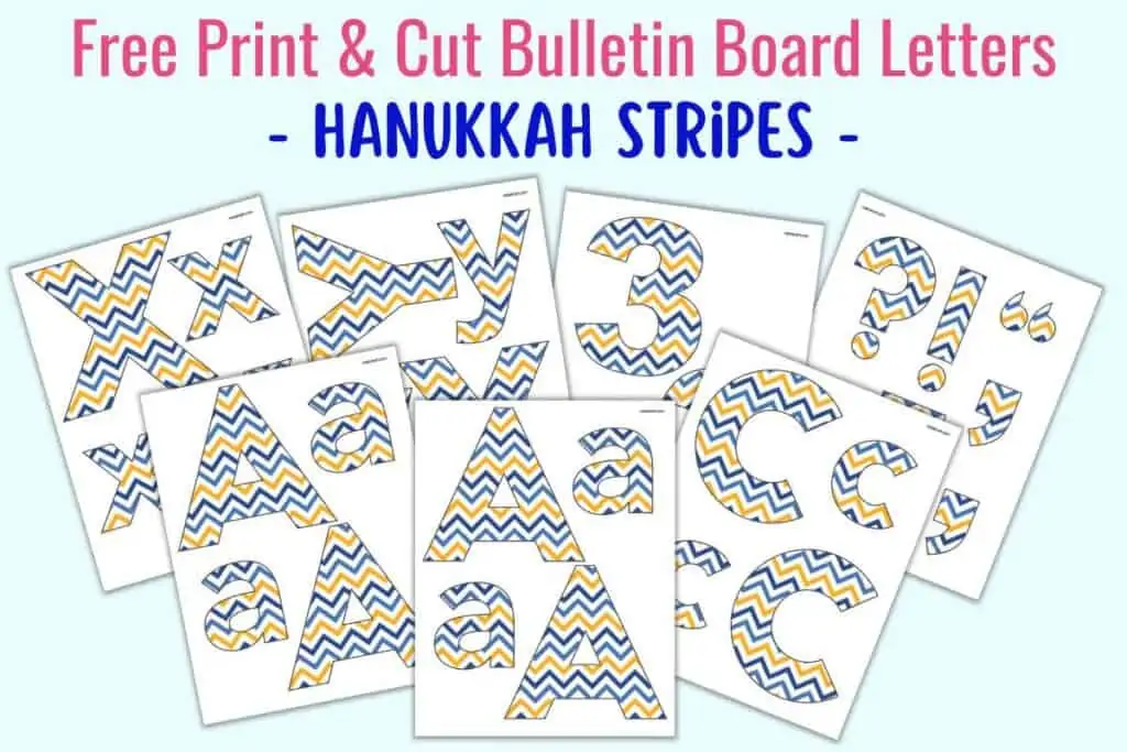 A preview of seven pages of Hanukkah bulletin board letters with blue and gold stripes