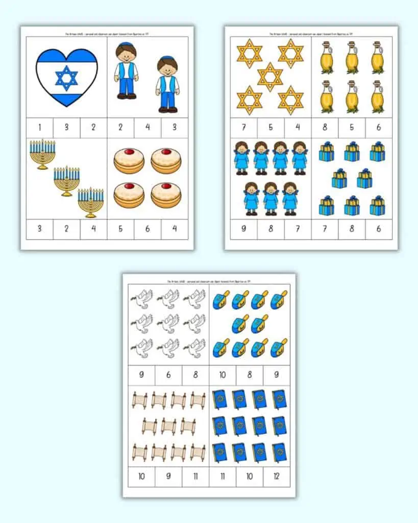A preview of three Hanukkah themed count and clip cards with numbers 1-12