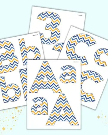 A preview of four pages of Hanukkah bulletin board letters with blue and gold stripes