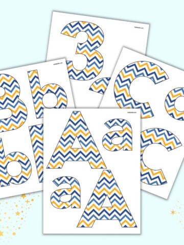 A preview of four pages of Hanukkah bulletin board letters with blue and gold stripes