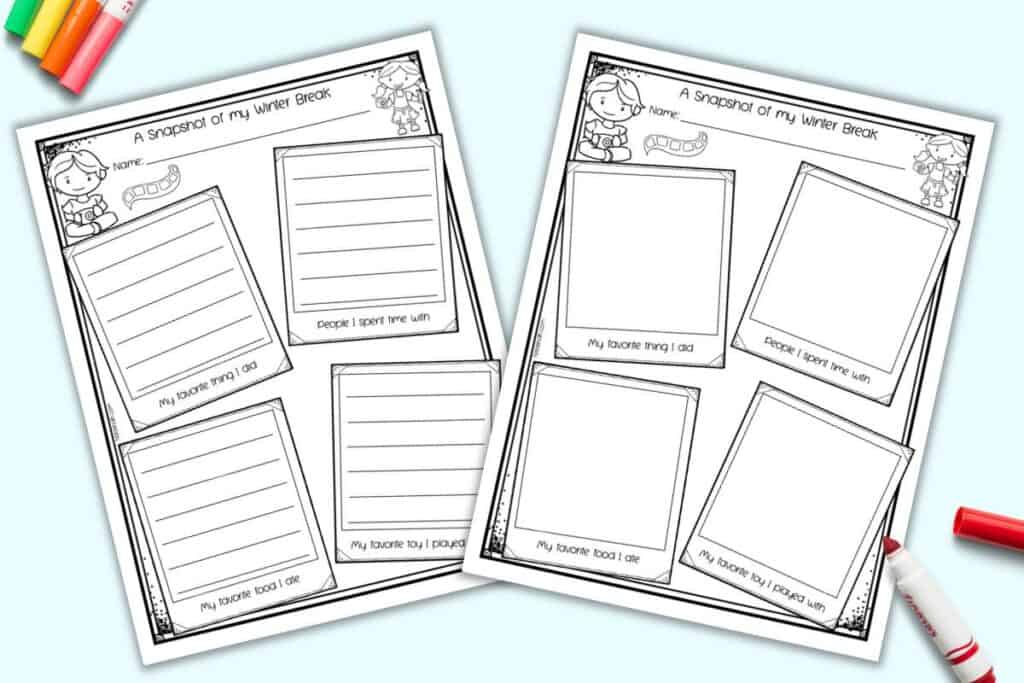 A preview of two free printable "snapshot of my winter break" worksheets. They are an after winter break activity for preschool and kindergarten.
