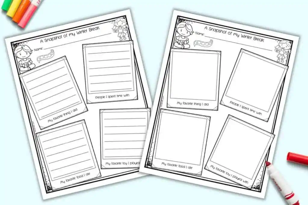 A preview of two free printable "snapshot of my winter break" worksheets. They are an after winter break activity for preschool and kindergarten.