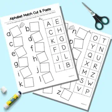 A preview of two pages of cut and paste alphabet worksheet printable