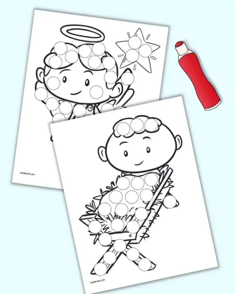 A dot marker page of the baby Jesus in a manger and an angel